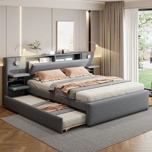 Queen Size Upholstered Platform Bed with Reading Lights, Drawers, Trundle and Shelves, Gray Queen Size Upholstered Platform Bed with Reading Lights, Drawers, Trundle and Shelves, Gray