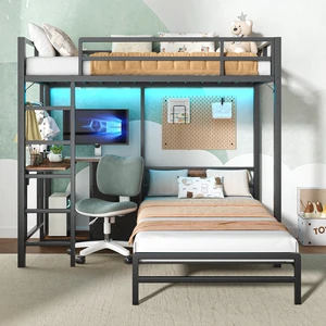 Bunk Bed with Folding Table, 3 storage drawers, made of metal, suitable for a single bed, equipped with LED lights and charging stations, bunk bed with safety railings and ladder, space-saving, black. Bunk Bed with Folding Table, 3 storage drawers, made of metal, suitable for a single bed, equipped with LED lights and charging stations, bunk bed with safety railings and ladder, space-saving, black.