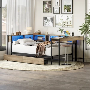 Corner Bed Frame Full Size with Bookcase and 2 Underbed Storage Drawers, Modern Full Bed with LED Light and Charging Station, Modern Daybed ,Left and right interchangeable, Grey Corner Bed Frame Full Size with Bookcase and 2 Underbed Storage Drawers, Modern Full Bed with LED Light and Charging Station, Modern Daybed ,Left and right interchangeable, Grey