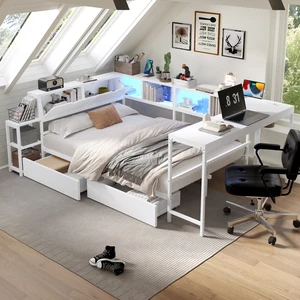 Corner Bed Frame Twin Size with Bookcase and 2 Underbed Storage Drawers, Modern Bed with LED Light and Charging Station, Left and right interchangeable, White Corner Bed Frame Twin Size with Bookcase and 2 Underbed Storage Drawers, Modern Bed with LED Light and Charging Station, Left and right interchangeable, White