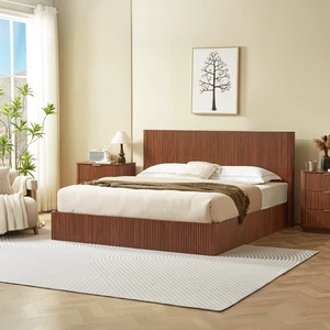 King Size Lift Up Storage Bed Frame, Wooden corrugated curved lines, Hydraulic Storage/No Box Spring Needed, Walnut. King Size Lift Up Storage Bed Frame, Wooden corrugated curved lines, Hydraulic Storage/No Box Spring Needed, Walnut.