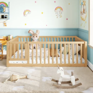 Twin Size Bed Floor Bed with Safety Guardrails and Door for Kids, Natural