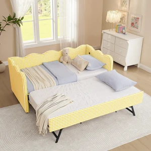Cozy Gingham Daybed with Trundle Twin Size Sofa Bed No Box Spring Needed, with USB Port and Adorable Wave Shaped, Linen Fabric Cozy Gingham Daybed with Trundle Twin Size Sofa Bed No Box Spring Needed, with USB Port and Adorable Wave Shaped, Linen Fabric
