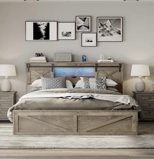 Farmhouse Bed Frame King Size with LED Lights and Charging Station, Wooden KING Bed with 2 Storage Drawers, Rustic Headboard with Sliding Barn Door Storage Cabinets Farmhouse Bed Frame King Size with LED Lights and Charging Station, Wooden KING Bed with 2 Storage Drawers, Rustic Headboard with Sliding Barn Door Storage Cabinets