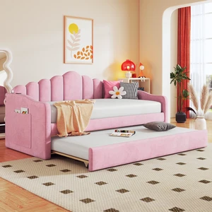 Twin size Upholstered Daybed with Trundle ,Velvet Sofabed with USB Charging Ports,No Box-spring Needed,Pink