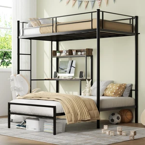 Bunk Bed Twin Over Twin Size with Desk and Charging Station L-Shaped Metal Bunk Bed with Storage Shelves and Bookcase Loft Beds with Safety Guardrail and Ladder for Teen,Black