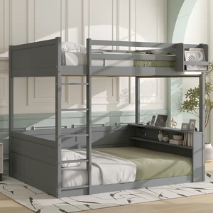 Queen Size Wooden Bunk Bed with Built-in Shelves, Storage Box, LED Light and USB Charging Station, Grey Queen Size Wooden Bunk Bed with Built-in Shelves, Storage Box, LED Light and USB Charging Station, Grey