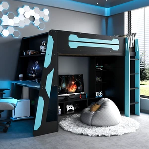 Twin Size Wood Loft Bed with Desk, Multi-storage Shelves and RGB Light, Cloud Blue Twin Size Wood Loft Bed with Desk, Multi-storage Shelves and RGB Light, Cloud Blue
