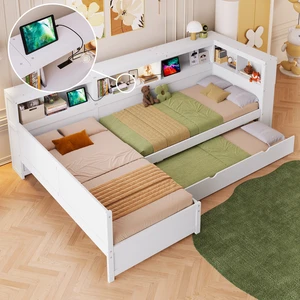 Wood Twin Size L-shaped Platform Bed with Trundle and a Drawer, White Wood Twin Size L-shaped Platform Bed with Trundle and a Drawer, White