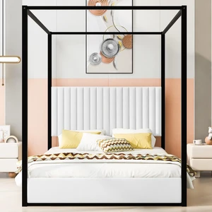 Queen Size Upholstery Canopy Platform Bed with Headboard and Metal Frame, White Queen Size Upholstery Canopy Platform Bed with Headboard and Metal Frame, White