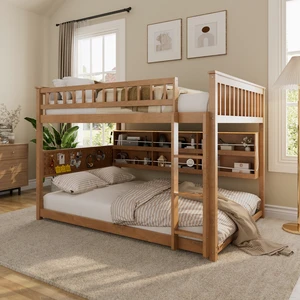 Full over Full Bunk Bed with Integrated Shelving, Color-Changing Lights and Pegboard, Brown Full over Full Bunk Bed with Integrated Shelving, Color-Changing Lights and Pegboard, Brown