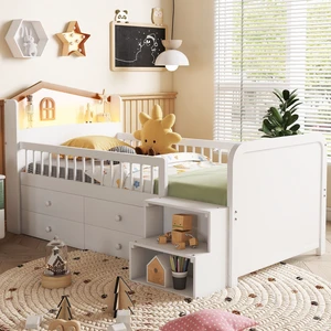 Low Loft Bed with LED Lights, Wooden Twin Loft Bed with House Shape Headboard, Kids Loft Bed with Storage Drawers, White Low Loft Bed with LED Lights, Wooden Twin Loft Bed with House Shape Headboard, Kids Loft Bed with Storage Drawers, White