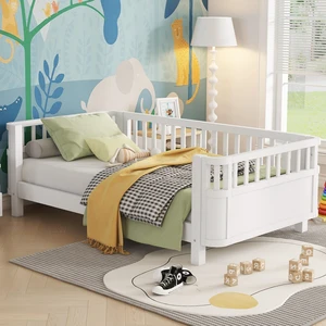 Twin Size Wood Platform Bed for Kids, Wood Low Profile Twin Bed with Rails for Girls and Boys, White (Patented Design, Old SKU W2593P190148) Twin Size Wood Platform Bed for Kids, Wood Low Profile Twin Bed with Rails for Girls and Boys, White (Patented Design, Old SKU W2593P190148)
