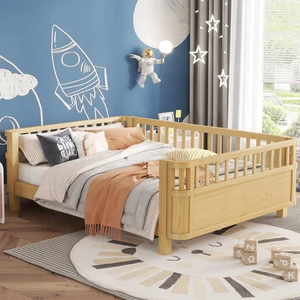 Full Size Wood Platform Bed for Kids, Wood Low Profile Full Bed with Rails for Girls and Boys, Natural (Patented Design, Old SKU W2593P233781) Full Size Wood Platform Bed for Kids, Wood Low Profile Full Bed with Rails for Girls and Boys, Natural (Patented Design, Old SKU W2593P233781)