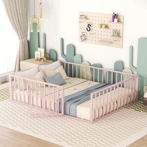 Queen Size Metal Floor Bed Frame with Fence and Door, Pink Queen Size Metal Floor Bed Frame with Fence and Door, Pink