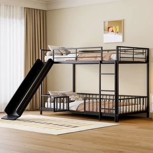 Twin over Twin Size Metal Bunk Bed with Slide and Guardrails, Black Twin over Twin Size Metal Bunk Bed with Slide and Guardrails, Black