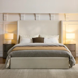 Caron Upholstered Wingback Bed / 54" High Headboard / Simplicity / Minimalist / Without Wooden Slats / Box Spring Request / Easy Assembly / Queen/ Textured Ivory Canvas Chenille