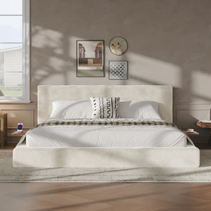 AirFrame King Bed Frame with adjustable Sliding Side Table, 8.7'' Cloud Upholstered Sponge Cushion, Easy Assembly (Off-White). AirFrame King Bed Frame with adjustable Sliding Side Table, 8.7'' Cloud Upholstered Sponge Cushion, Easy Assembly (Off-White).
