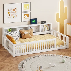 Wood Twin XL Size Floor Bed with Storage Cabinets and USB Ports, White Wood Twin XL Size Floor Bed with Storage Cabinets and USB Ports, White