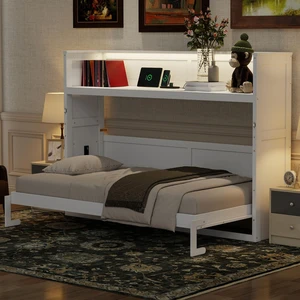 Twin XL Size Murphy Bed with Desk, LED Light and USB Charging Station, White Twin XL Size Murphy Bed with Desk, LED Light and USB Charging Station, White