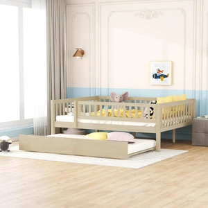 Full Size Wood Daybed with Trundle and Fence Guardrails, Natural Full Size Wood Daybed with Trundle and Fence Guardrails, Natural