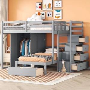 Full Over Twin Bunk Bed with Wardrobe, Drawers, Gray Full Over Twin Bunk Bed with Wardrobe, Drawers, Gray