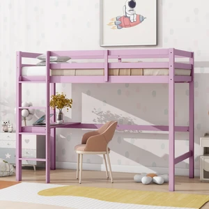 Twin High Loft Bed, Rubber Wood Loft Bed with Safety Guardrail, built-in desk, ladder,Pink Twin High Loft Bed, Rubber Wood Loft Bed with Safety Guardrail, built-in desk, ladder,Pink