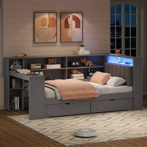 Wood Twin Size Platform Bed with Storage Shelves, Drawers, Charging Station, LED, Desk and Upholstered Headboard, Grey+ Grey Cushion Wood Twin Size Platform Bed with Storage Shelves, Drawers, Charging Station, LED, Desk and Upholstered Headboard, Grey+ Grey Cushion
