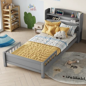 Twin Pine Wood Bed with Bookcase Headboard ,LED Motion Sensor Light, Guardrails,Grey Twin Pine Wood Bed with Bookcase Headboard ,LED Motion Sensor Light, Guardrails,Grey