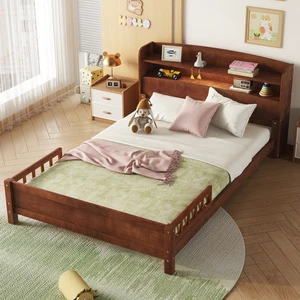 Full Pine Wood Bed with Bookcase Headboard ,LED Motion Sensor Light, Bed Guardrails,Walnut Full Pine Wood Bed with Bookcase Headboard ,LED Motion Sensor Light, Bed Guardrails,Walnut