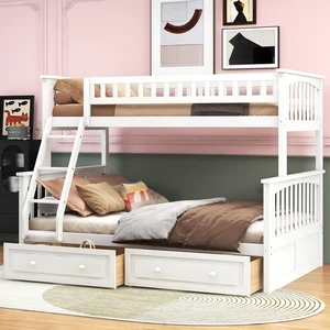 Twin over Full Bunk Bed with Drawers, Convertible Beds, White Twin over Full Bunk Bed with Drawers, Convertible Beds, White