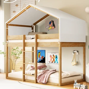 Twin Over Twin Wood Bunk Bed with Tent, Natural