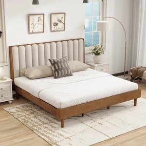 King Size Wood Bed with Piano Key Style Upholstered Headboard , Wood Bed with Strengthened Bed Frame ,Wheat King Size Wood Bed with Piano Key Style Upholstered Headboard , Wood Bed with Strengthened Bed Frame ,Wheat