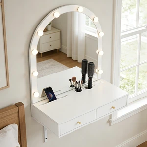 Floating Makeup Vanity Desk with Mirror & 3-Color Lights, Wall Dressing Table with Power Outlet, Compact vanity, Large Storage, White Floating Makeup Vanity Desk with Mirror & 3-Color Lights, Wall Dressing Table with Power Outlet, Compact vanity, Large Storage, White
