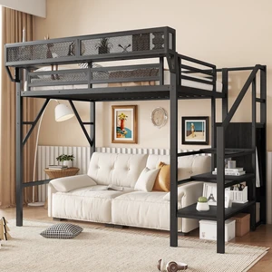 Twin Size Loft Bed with Stairs, Metal Loft Bed with Storage Shelves, High Loft Bed with Wardrobe for Kids Teens, Black