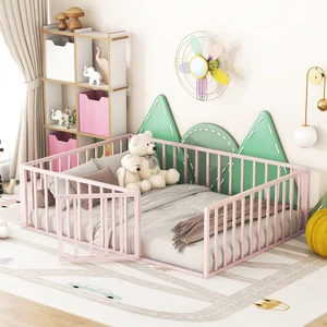 Full Size Metal Floor Bed Frame with Fence and Door, Pink Full Size Metal Floor Bed Frame with Fence and Door, Pink