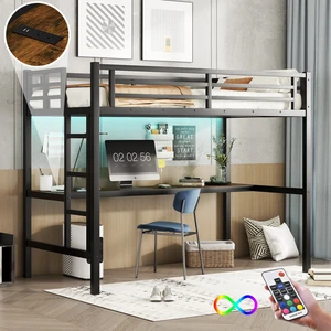 Metal Twin XL Size Loft Bed with Power Outlet and LED Lighted, Space-Saving, Noise Reduced, Black