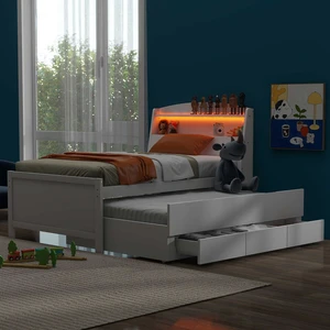 Twin Size Platform Bed with Storage LED Headboard, Twin Size Trundle and 3 Drawers, White Twin Size Platform Bed with Storage LED Headboard, Twin Size Trundle and 3 Drawers, White