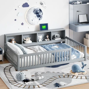 Wood Twin XL Size Floor Bed with Storage Cabinets and USB Ports, Gray Wood Twin XL Size Floor Bed with Storage Cabinets and USB Ports, Gray