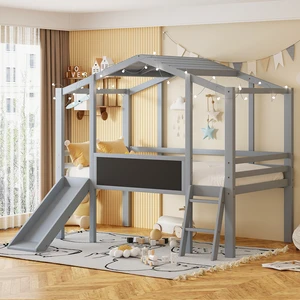 Twin Size Loft Bed with Ladder and Slide, House Bed with Blackboard and Light Strip on the Roof, Gray Twin Size Loft Bed with Ladder and Slide, House Bed with Blackboard and Light Strip on the Roof, Gray