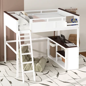 Queen Size Loft Bed with Desk,Open Shelf and a Storage Box,USB Charging Station,White Queen Size Loft Bed with Desk,Open Shelf and a Storage Box,USB Charging Station,White