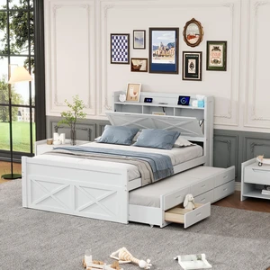 Full Size Wooden Bed with Storage Headboard with Outlets, Extendable Bed with Twin Size Trundle with Three Storage Drawers,White Full Size Wooden Bed with Storage Headboard with Outlets, Extendable Bed with Twin Size Trundle with Three Storage Drawers,White