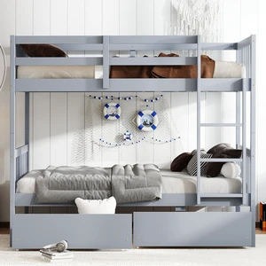 Twin Over Twin Rubber Wood Bunk Bed with 2 Drawers, Convertible into 2 Twin Beds, Twin Size Bunk Bed with Ladder and Safety Guardrails ,Grey