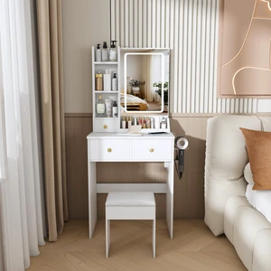 Modern small Vanity Desk ,featuring 3 modes of LED lighting with adjustable brightness, 3 drawers and multiple open storage shelves, a hair dryer holder and power socket, and a dressing chair. white Modern small Vanity Desk ,featuring 3 modes of LED lighting with adjustable brightness, 3 drawers and multiple open storage shelves, a hair dryer holder and power socket, and a dressing chair. white