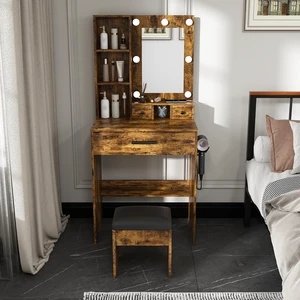 Vanity Table with Mirror & Adjustable LED Lights, Power Outlet, Hairdryer Holder & Stool Compact Dressing Desk for Small Bedrooms(Vintage) Vanity Table with Mirror & Adjustable LED Lights, Power Outlet, Hairdryer Holder & Stool Compact Dressing Desk for Small Bedrooms(Vintage)
