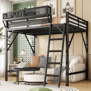 Queen Size Loft Bed with Ladder, Metal Queen Loft Bed with Storage Shelves, High Loft Bed for Kids Teens, Black