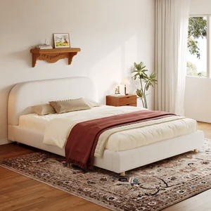 Queen Size Upholstered Bed With Boucle Fabric,Curved-Shape Design Thick Headboard, Solid Wood Legs,White Queen Size Upholstered Bed With Boucle Fabric,Curved-Shape Design Thick Headboard, Solid Wood Legs,White