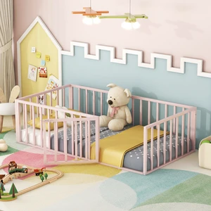 Twin Size Metal Floor Bed Frame with Fence and Door, Pink Twin Size Metal Floor Bed Frame with Fence and Door, Pink