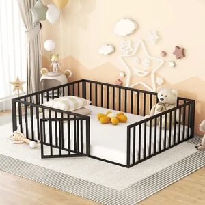 Queen Size Metal Floor Bed Frame with Fence and Door, Black Queen Size Metal Floor Bed Frame with Fence and Door, Black
