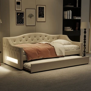 Upholstered Twin XL Size Daybed with LED Belt and Trundle, Beige Upholstered Twin XL Size Daybed with LED Belt and Trundle, Beige